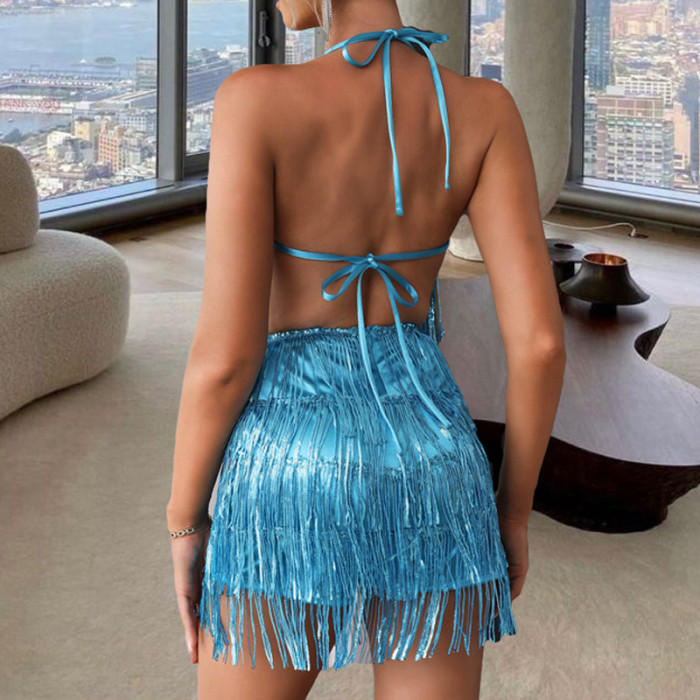 Sexy Nightclub Style Spaghetti Strap Backless Sequin Tassel Jumpsuit Short