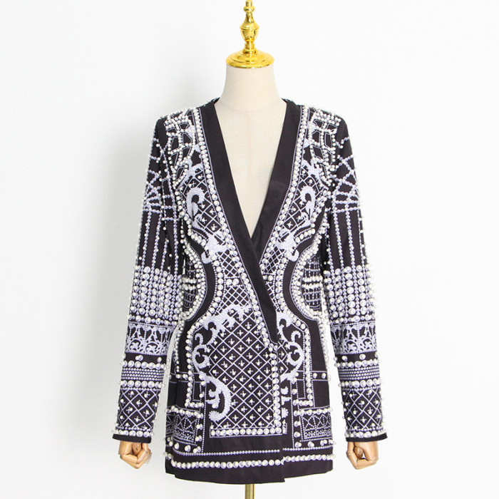 French Vintage-Inspired Bubble Pearl Printed Blazer