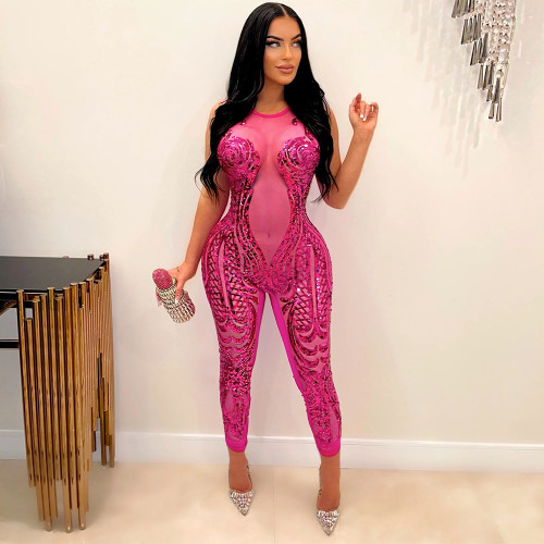 Women Sexy One Piece Sequined Jumpsuit Sleeveless Mesh Transparent Embroidery Legging Club Party Jumpsuits