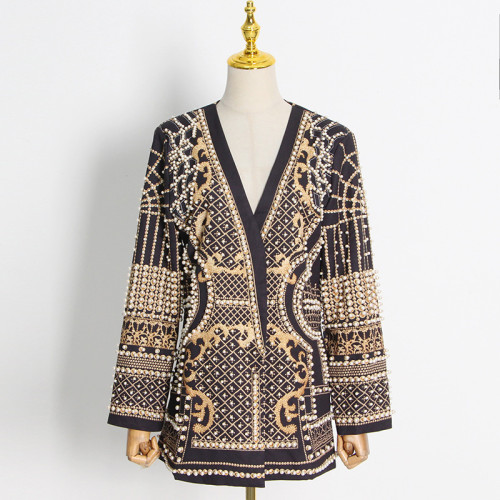 French Vintage-Inspired Bubble Pearl Printed Blazer