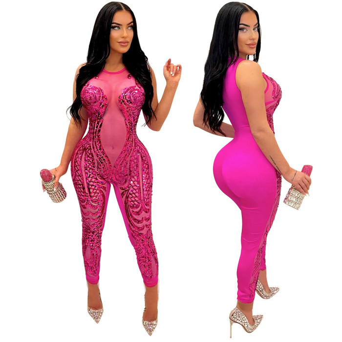Women Sexy One Piece Sequined Jumpsuit Sleeveless Mesh Transparent Embroidery Legging Club Party Jumpsuits