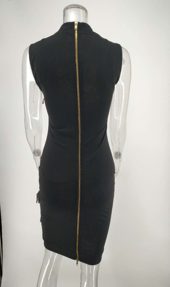 Embroidered Fringe and Sequin Sleeveless High Neck Back Zipper Dress