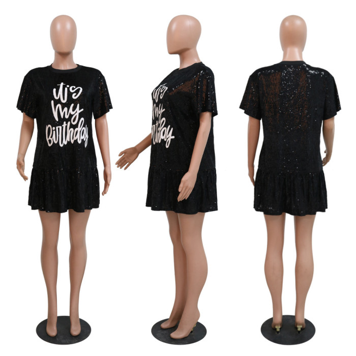 Womens Sequin Glitter Shirt Dress - Sexy Floral Letter Print 3/4 Sleeve Mini Dresses for Party Club