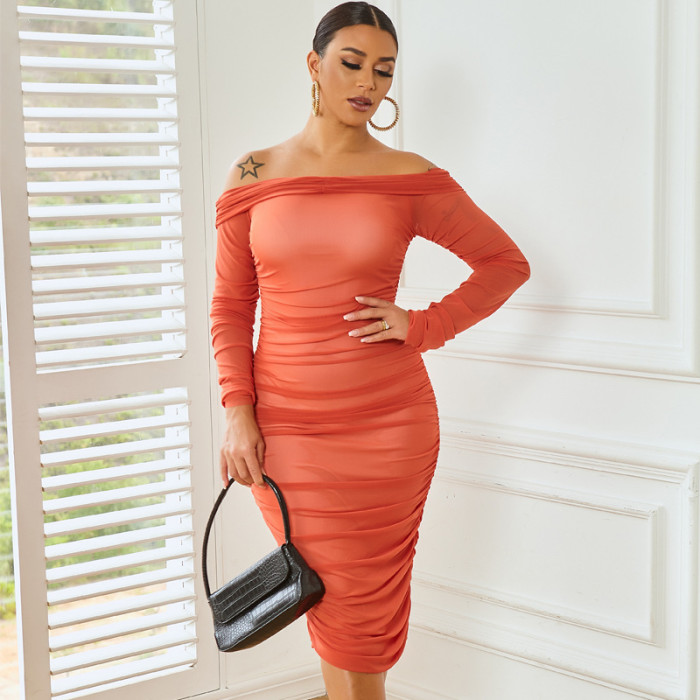 Off Shoulder Ruched Mesh Bodycon Dress