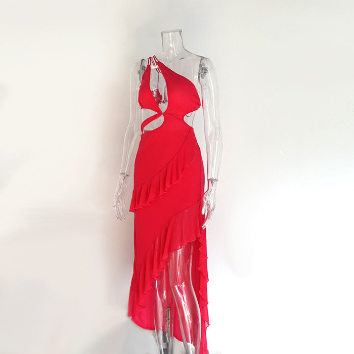 Asymmetrical Off-shoulder Side Slit Waist Cut-out and Hollow-out red Dress with Ruffled Hem