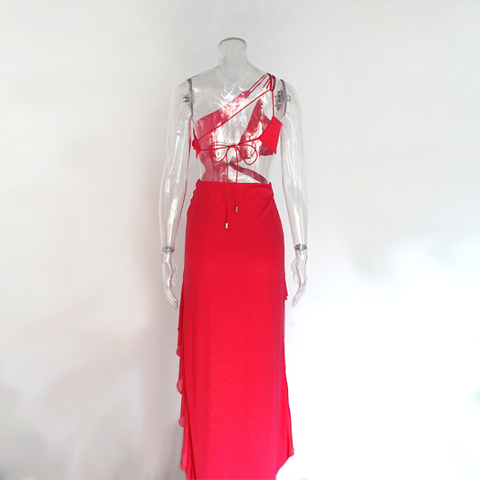 Asymmetrical Off-shoulder Side Slit Waist Cut-out and Hollow-out red Dress with Ruffled Hem