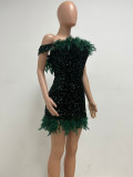 One-shoulder Feather Spicy Girl Mini Dress