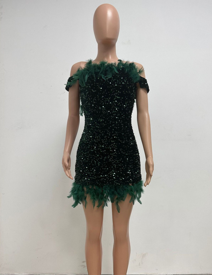 One-shoulder Feather Spicy Girl Mini Dress