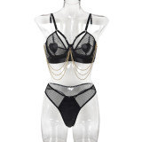 Women Metal Chain Willow Staring Grid Heart Print Pu Leather Sexy Underwear Two-piece Set