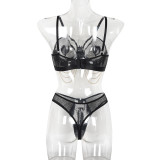 Women Metal Chain Willow Staring Grid Heart Print Pu Leather Sexy Underwear Two-piece Set