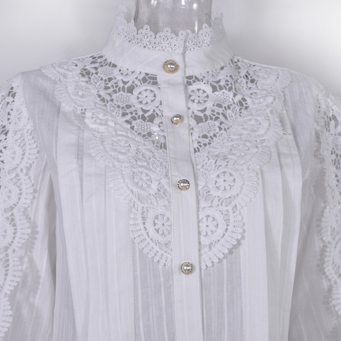 Lace Hollow-out Blouse with Lotus Leaf Edge and Half High Collar