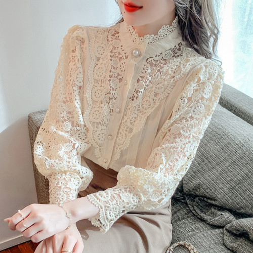 Lace Hollow-out Blouse with Lotus Leaf Edge and Half High Collar