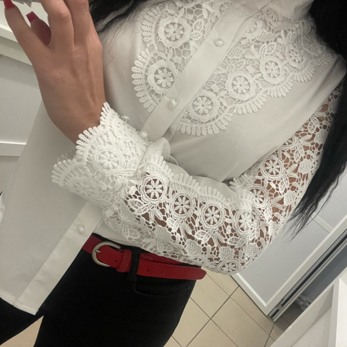 Lace Floral Long Sleeve Hollow Out Blouse