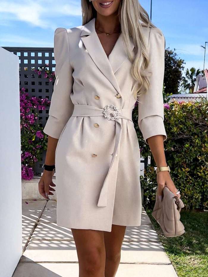 Double-Breasted Suit Jacket with Belted Wrap Dress and Waistband