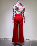 Women Spring Commuting Suit Printed Stand-up Collar Long-sleeved Blouse and Wide-leg Pants Two-piece Set