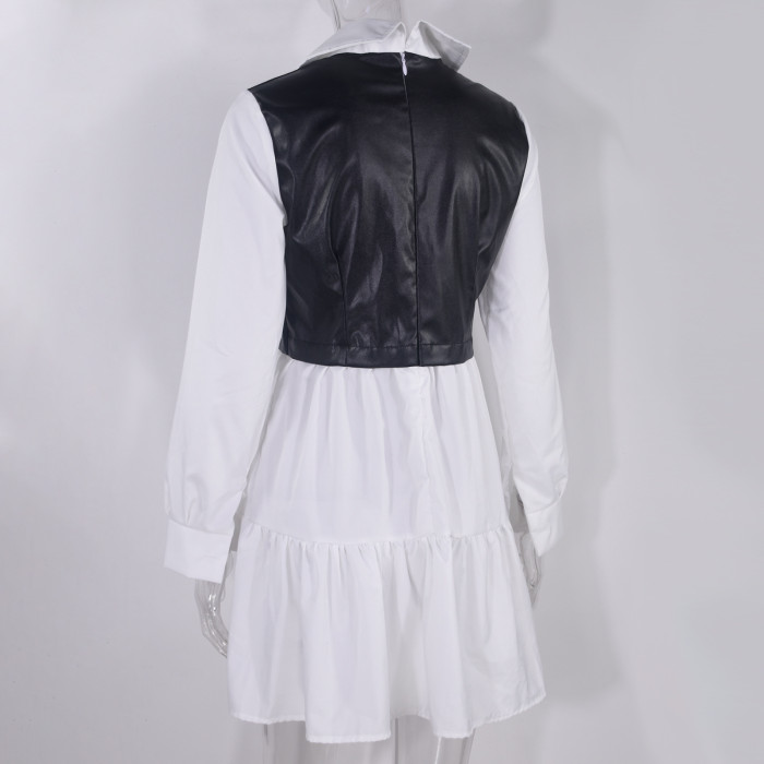 Stand Collar Zipper Long Sleeves Mini Dress Casual Autumn Winter Fashion Pocket Pu Leather Dress