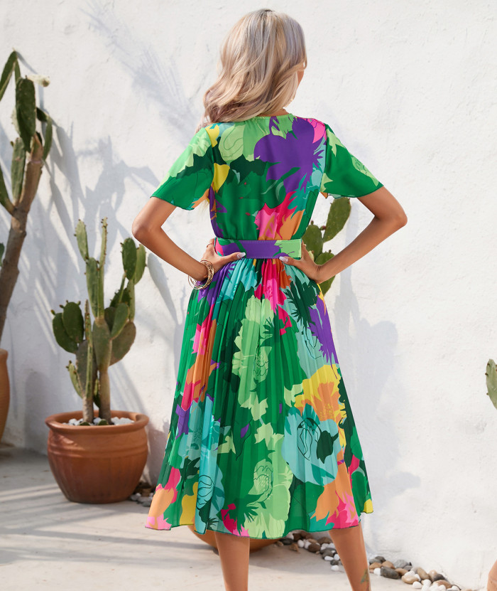 Summer Blossom Print Crinkle Short Sleeve Dress