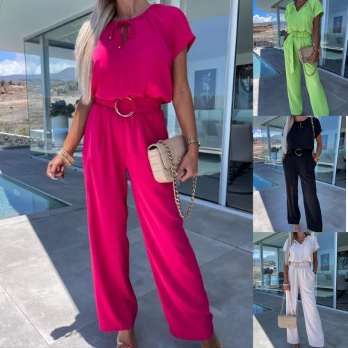 V-neck Tie Elastic Waist Short Sleeved Pocket Straight Pants Jumpsuit