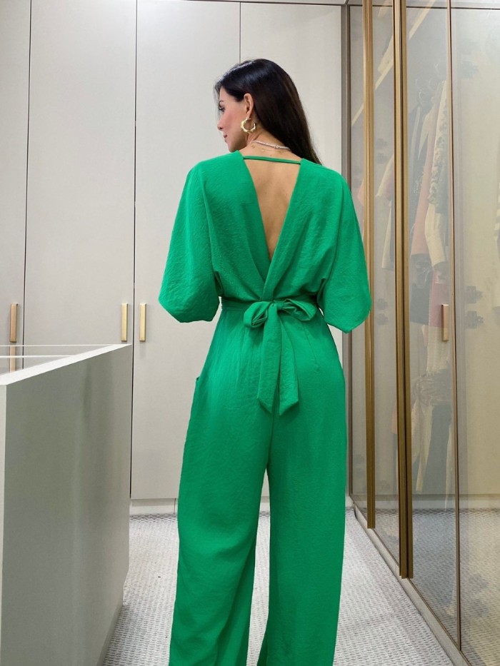 V-neck Batwing Sleeve Short-sleeved Backless Tied Straight Pants Jumpsuit