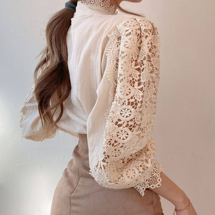 Lace Hollow-out Blouse with Lotus Leaf Edge and Half High Collar
