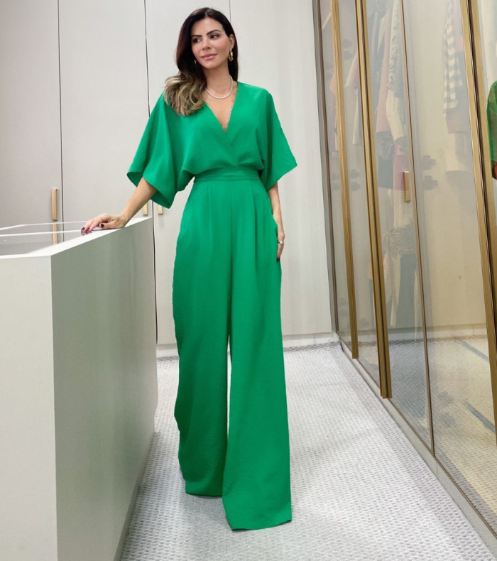 V-neck Batwing Sleeve Short-sleeved Backless Tied Straight Pants Jumpsuit