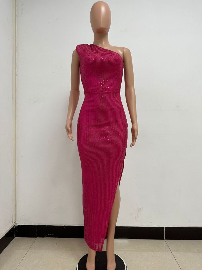 One-Shoulder Glitter Thigh-High Slil Maxi Dress