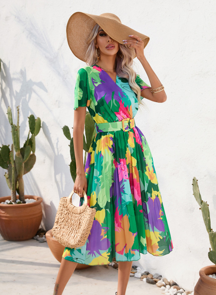 Summer Blossom Print Crinkle Short Sleeve Dress