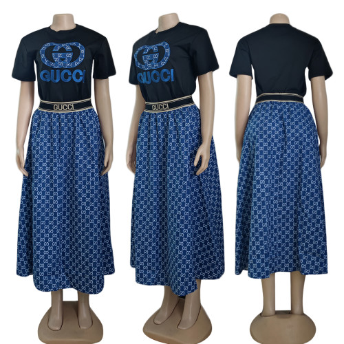 Casual short sleeved set (top+loose pleated skirt)