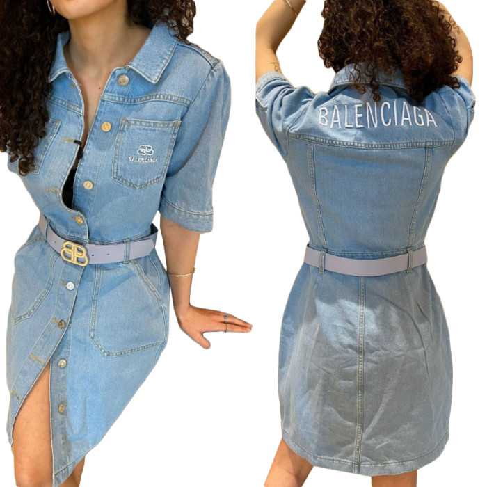 Embroidered Denim Mid Waist Blue Washed Denim Skirt