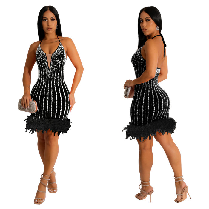 Women's Beaded Feathered Netted Lace-Up Dress