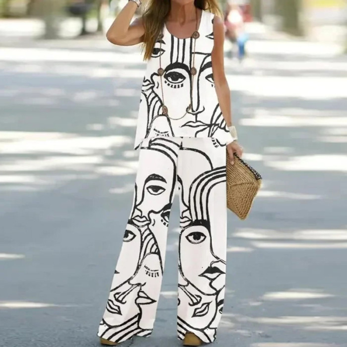 Summer Casual Women's Clothing Printed Sleeveless Top and Elastic High-Waisted Long Pants Two-Piece Set