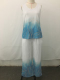 Summer Casual Women's Clothing Printed Sleeveless Top and Elastic High-Waisted Long Pants Two-Piece Set