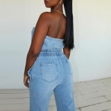 Backless Design and Pocket Denim Jumpsuit