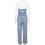Backless Design and Pocket Denim Jumpsuit