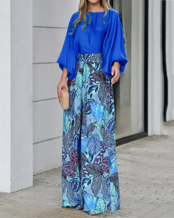 Lantern Sleeve Top and Print Wide-Leg Pant Set