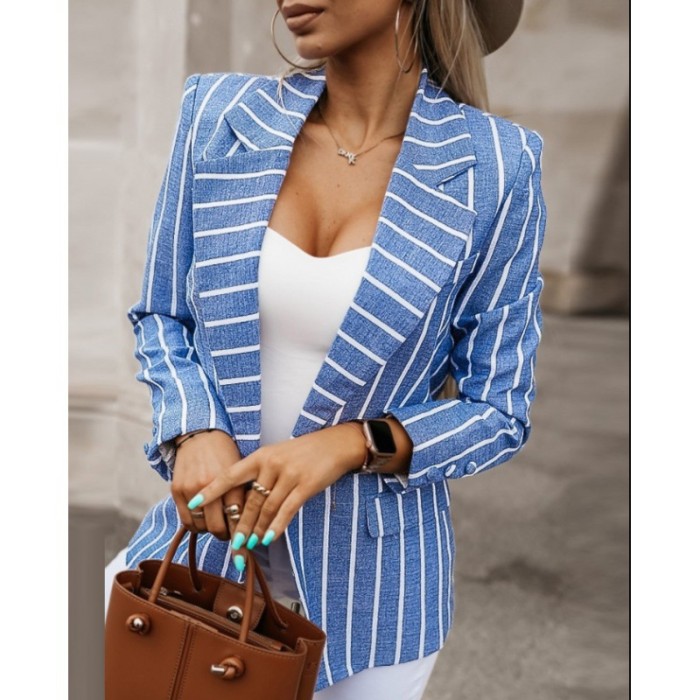 Fashionable Striped and Printed Long-Sleeved Suit Collar Jacket