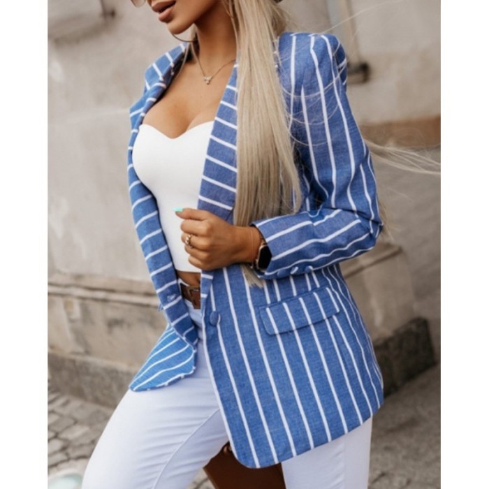 Fashionable Striped and Printed Long-Sleeved Suit Collar Jacket