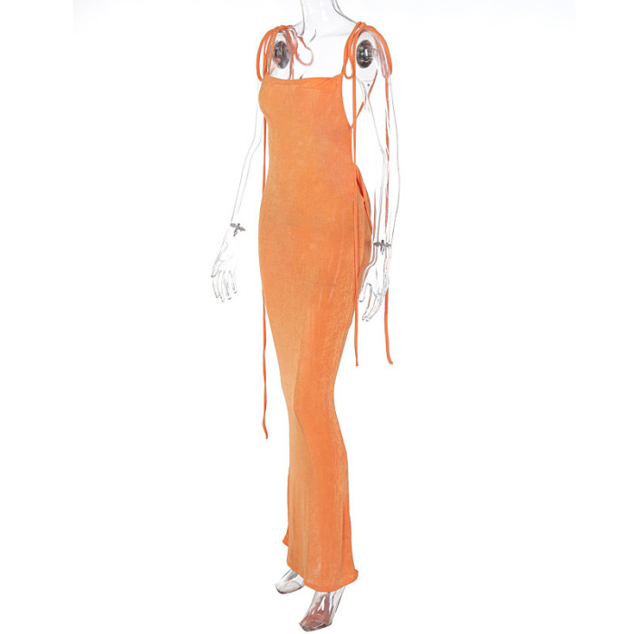 Spaghetti Strap Draped Backless Sleeveless Cocktail Elegant Maxi Dress