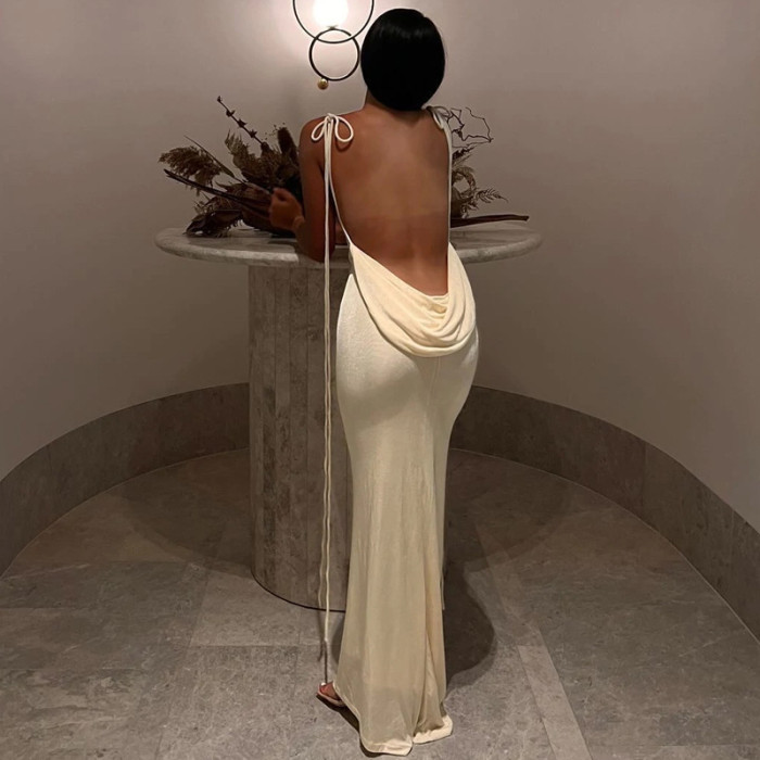Spaghetti Strap Draped Backless Sleeveless Cocktail Elegant Maxi Dress
