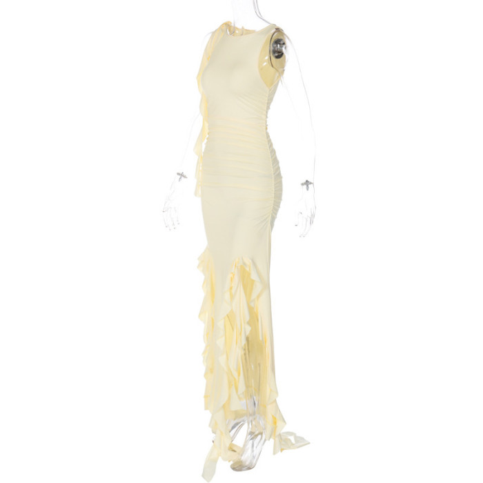 Tight-Fitting High-Waisted spliced Ruffled Edges Slit Irregular Sleeveless Round Neck Dress