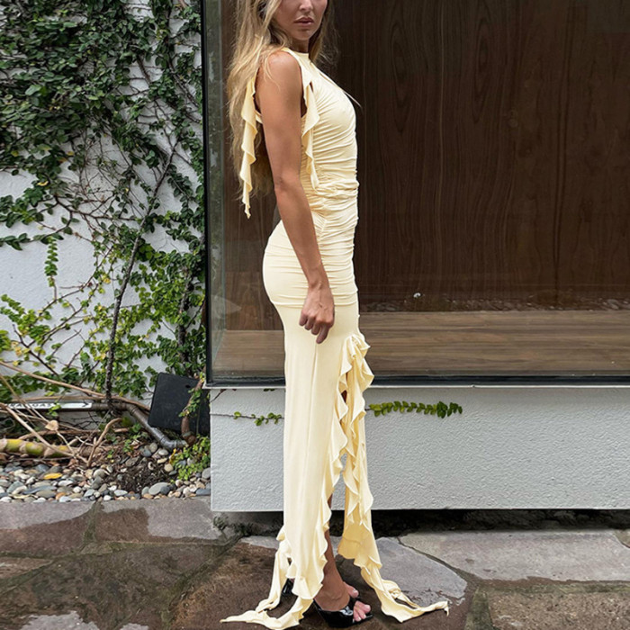 Tight-Fitting High-Waisted spliced Ruffled Edges Slit Irregular Sleeveless Round Neck Dress