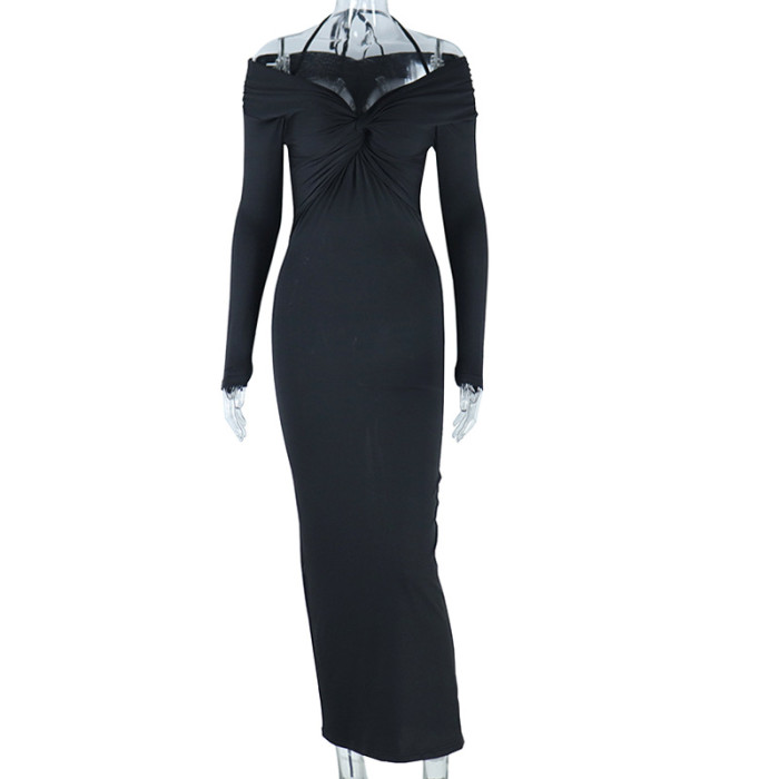 Chic and Elegant V-Neck Halter Pure Color Long-Sleeved Split Hip Pleated Dress