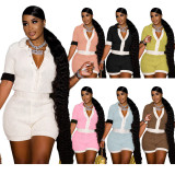 Women Solid Button Short Sleeve Top and Short Two-Piece Set