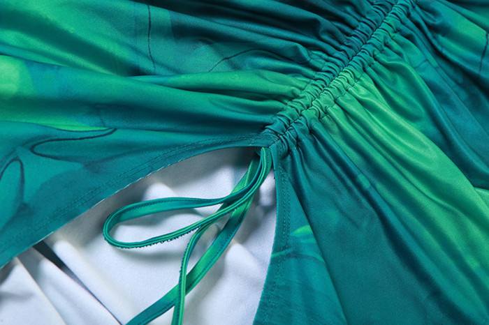 Floral Print V-neck Halterneck Midi Dress with Drawstring Waist and Thigh-high Slit