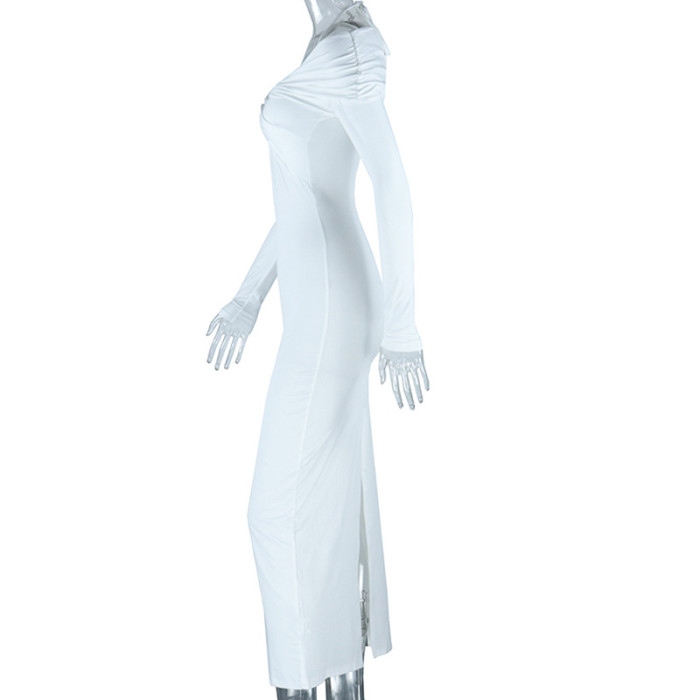 Chic and Elegant V-Neck Halter Pure Color Long-Sleeved Split Hip Pleated Dress