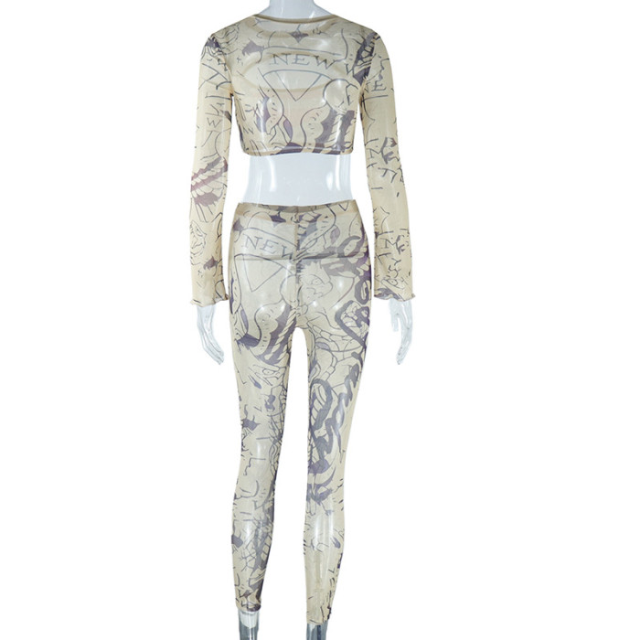 Sheer Mesh Perspective Round Neck Hollow Out Printed Long Sleeve Top and High Waist Leggings Two-Piece Set