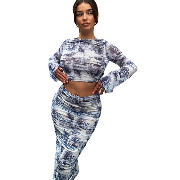 Circle Neckline Long Sleeves Open Back Floral Print Crop Top  and Waist Bodycon Skirt Set