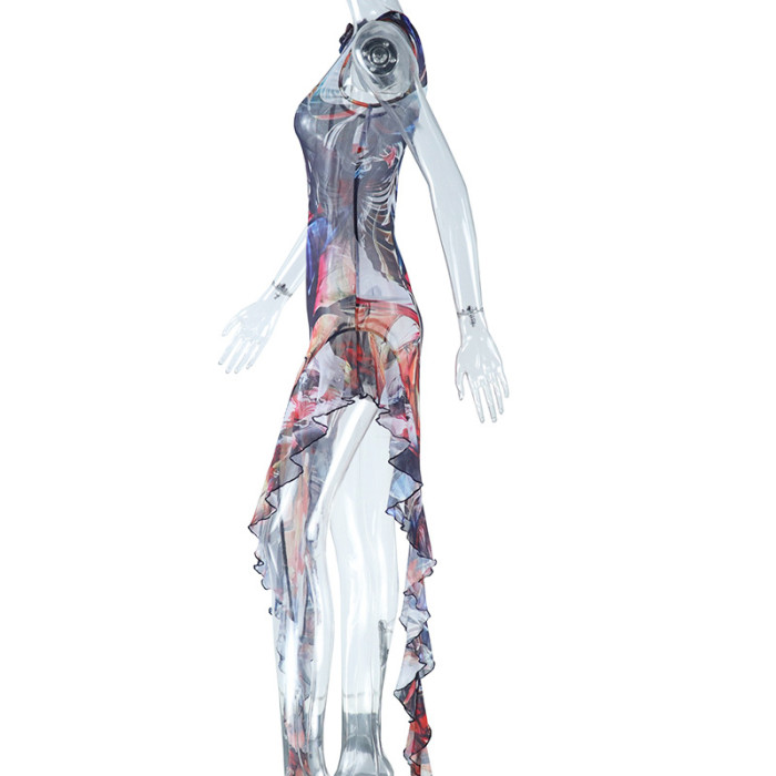 Fashionable Printed Round Neck Sleeveless Asymmetric Bodycon Dress