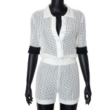 Women Solid Button Short Sleeve Top and Short Two-Piece Set