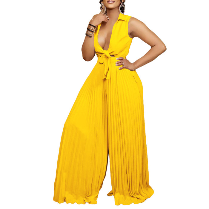 Loose-Fitting V-Neck Wide-Leg and Pleated Jumpsuit